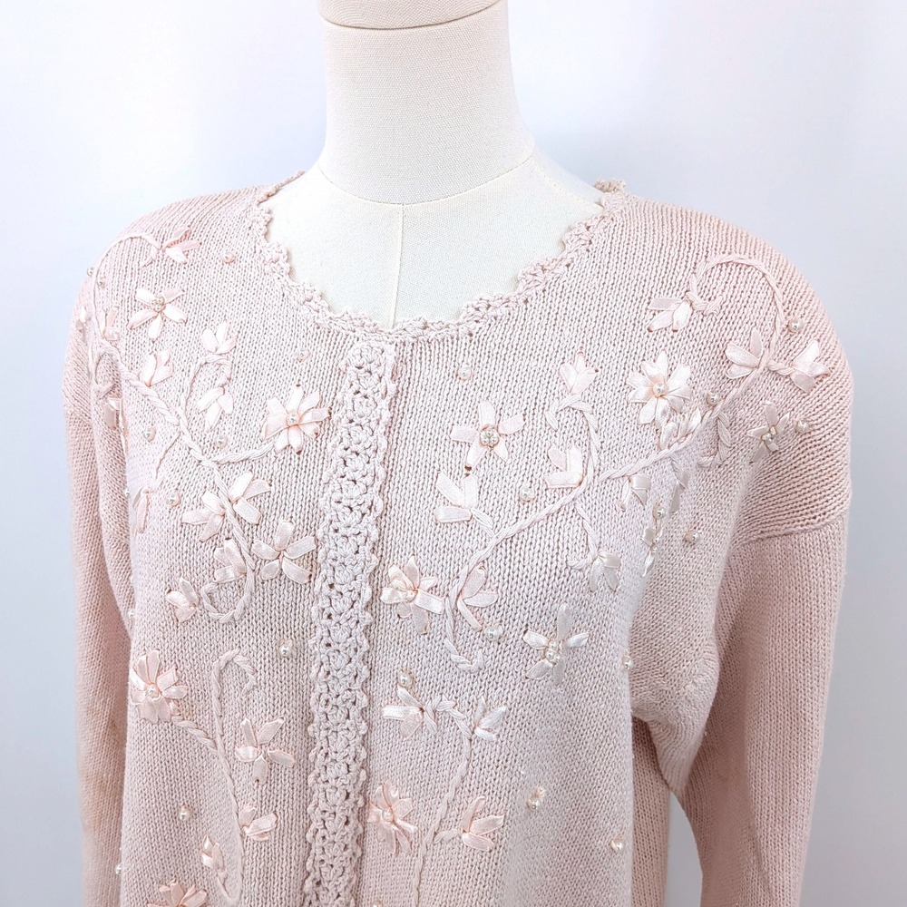 Vintage Emerald Isle Deadstock Beaded‎ Floral Sweater Ribbon Embroidery Cottage